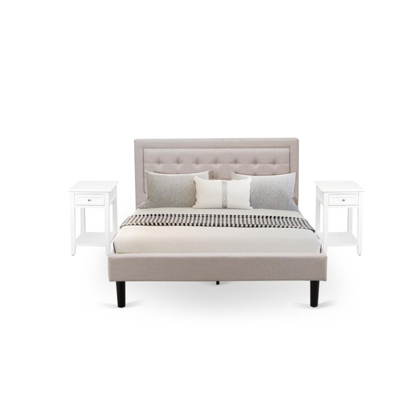 Fn08q-2De05 3-Pc Platform Queen Bedroom Set With 1 Upholstered Bed And 2 Nightstands - Mist Beige Linen Fabric