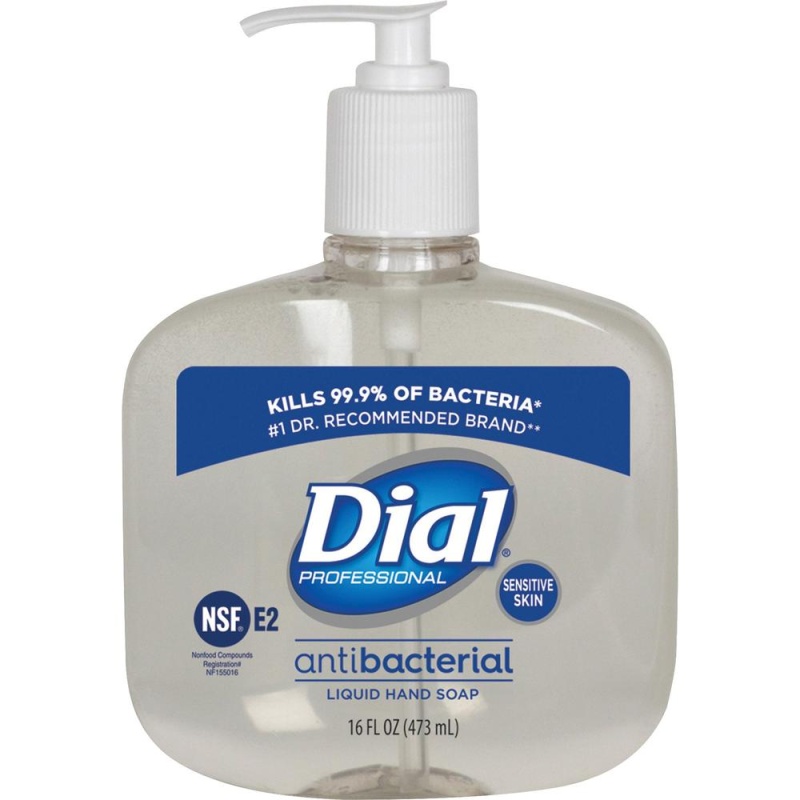 Dial Sensitive Skin Antibacterial Liquid Hand Soap - 16 Fl Oz (473.2 Ml) - Pump Bottle Dispenser - Kill Germs - Skin, Hand - Antibacterial - Clear - 12 / Carton