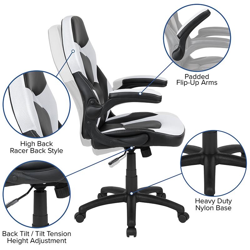 Black Gaming Desk And White/Black Racing Chair Set With Cup Holder, Headphone Hook, And Monitor/Smartphone Stand