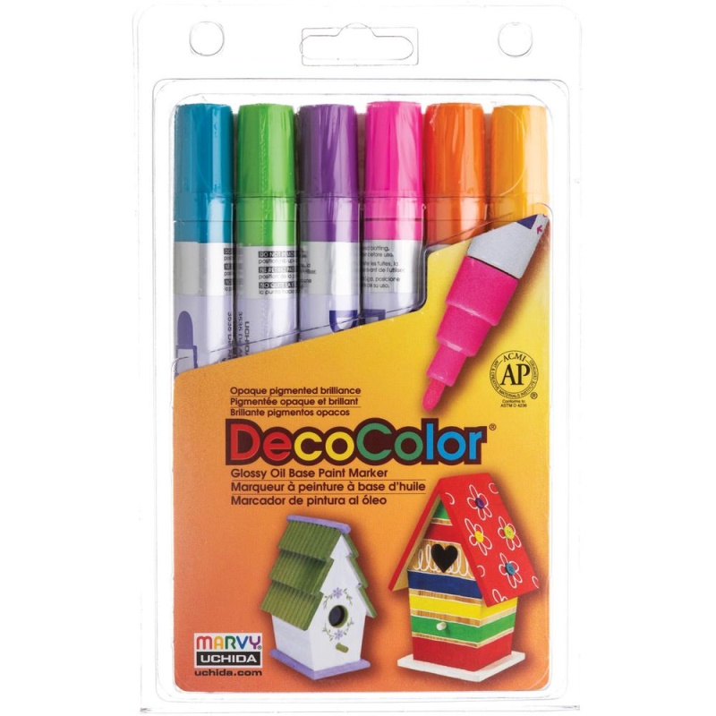 Marvy Decocolor Glossy Oil Base Paint Markers - Broad Marker Point - Yellow, Orange, Light Blue, Light Green, Rosemarie, Hot Purple Oil Based, Pigment-Based Ink - 6 / Set