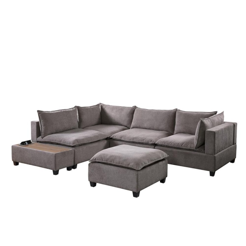 Madison Light Gray Fabric 6 Piece Modular Sectional Sofa With Ottoman And Usb Storage Console Table