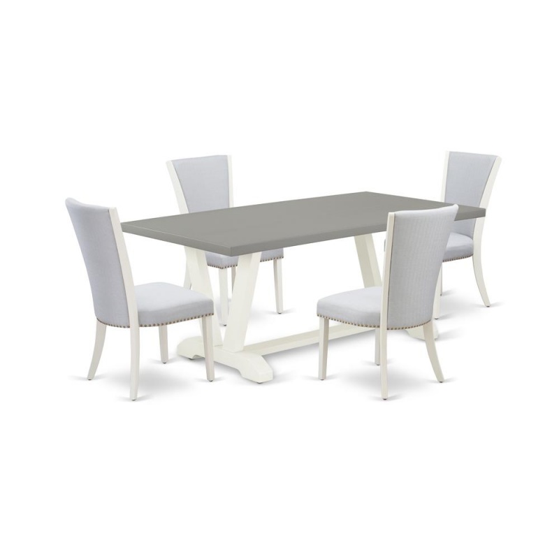 East West Furniture 5-Pc Dining Table Set Includes 4 Dining Chairs With Upholstered Seat And Stylish Back-Rectangular Wood Dining Table - Cement And Wirebrushed Linen White Finish