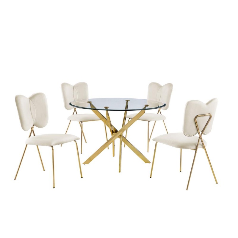 5Pc Dining Set- Round Tempered Glass Dining Table With 4 Cream Velvet Chairs