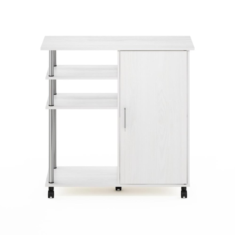 Furinno Helena 4-Tier Utility Kitchen Island And Storage Cart On Wheels With Stainless Steel Tubes, White Oak/Chrome