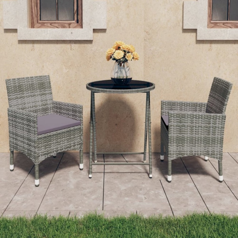 Bistro Set Grey Poly Rattan And Tempered Glass Small Foldable