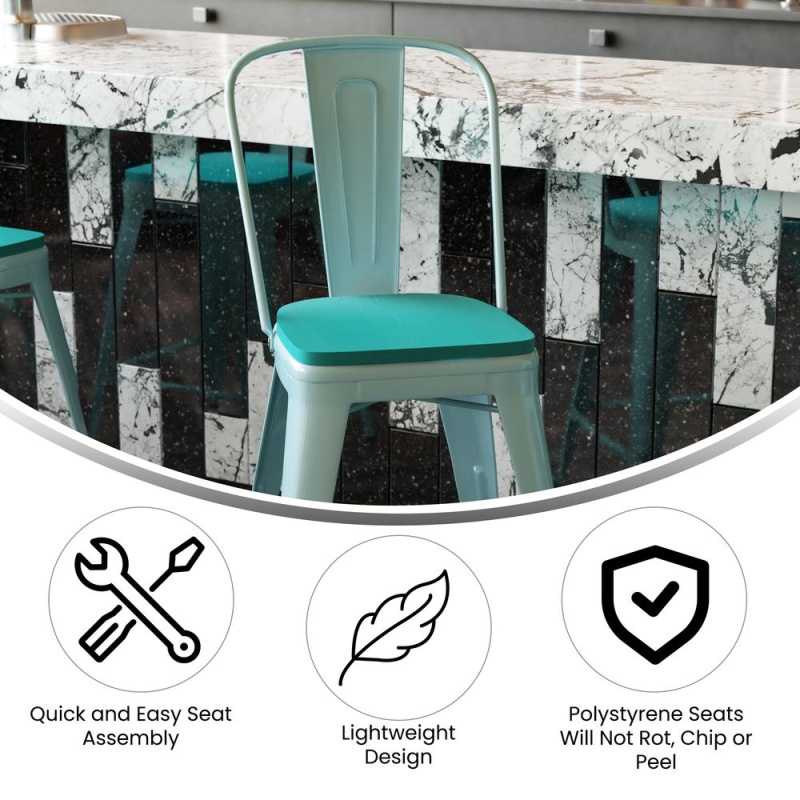 Carly Commercial Grade 24" High Mint Green Metal Indoor-Outdoor Counter Height Stool With Back With Mint Green Poly Resin Wood Seat