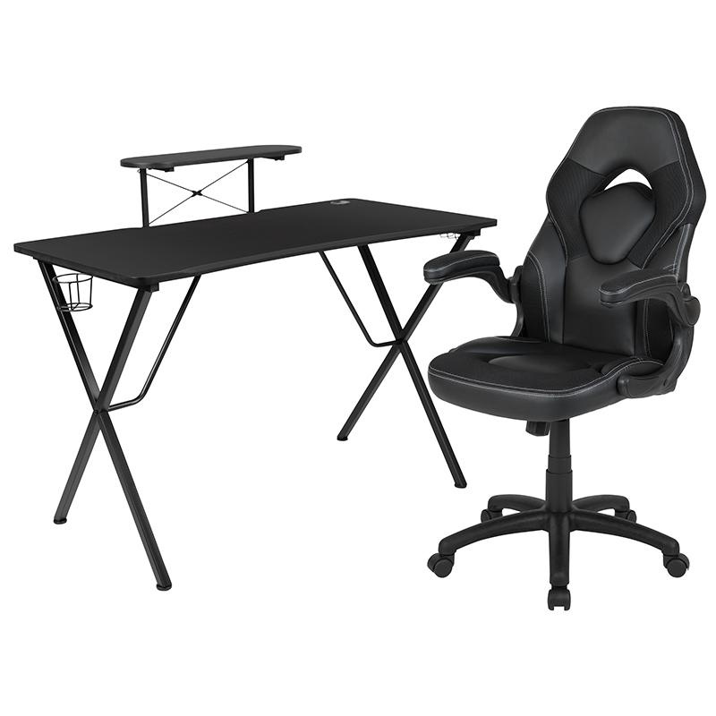 Black Gaming Desk And Black Racing Chair Set With Cup Holder, Headphone Hook, And Monitor/Smartphone Stand