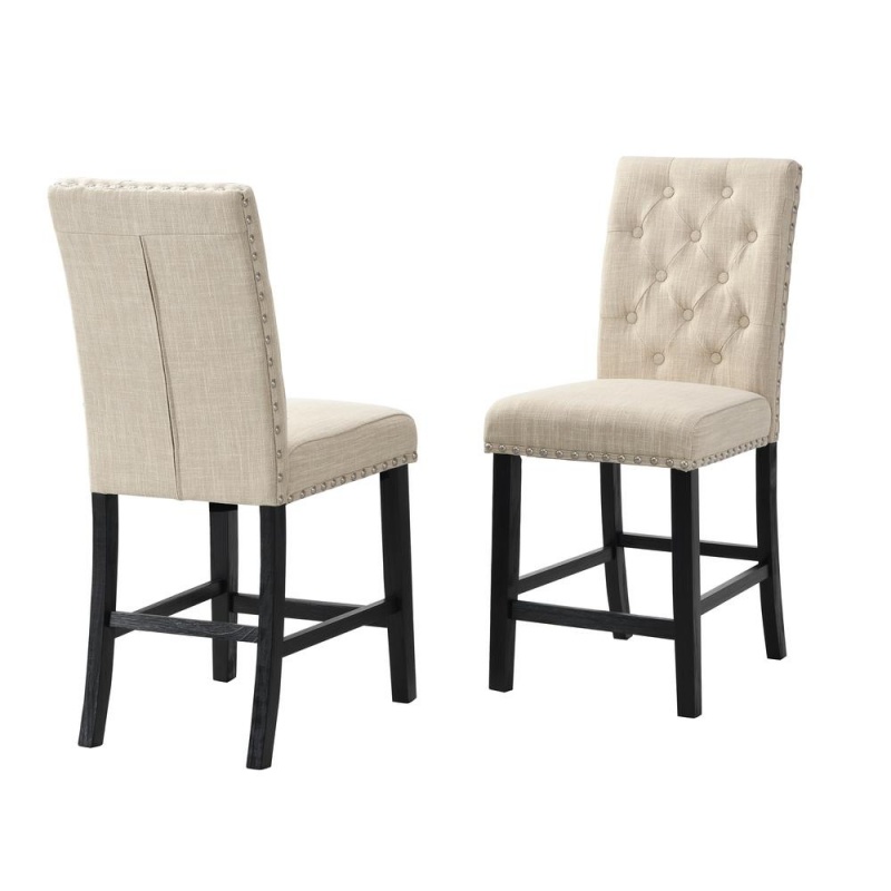 Beige Linen Tufted Counter Height Dining Chairs, Set Of 2