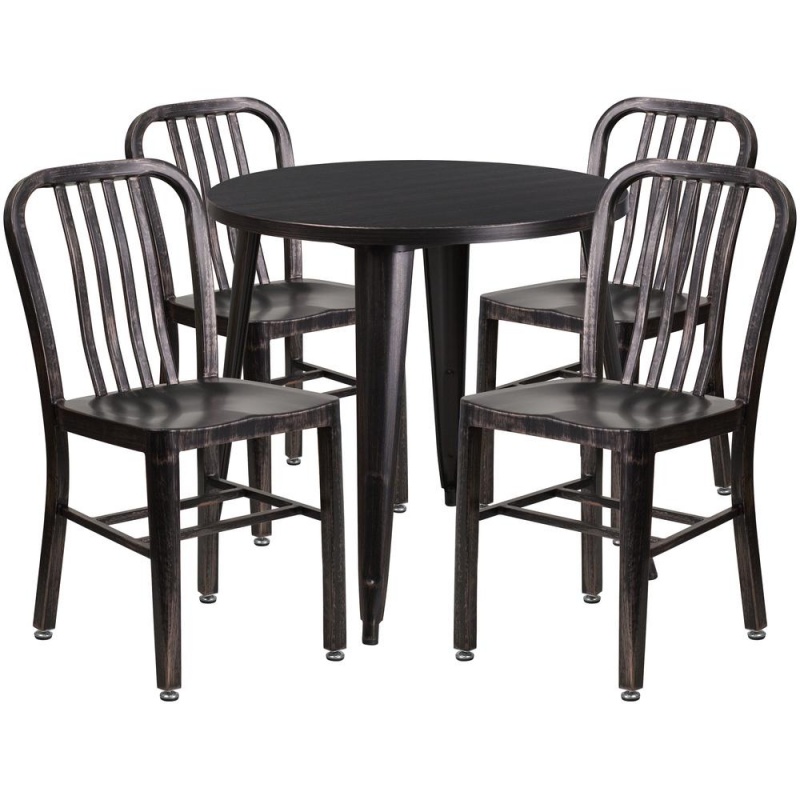 30"Round Black-Antique Gold Metal In-Outdoor Table Set-4 Vertical Slatchairs