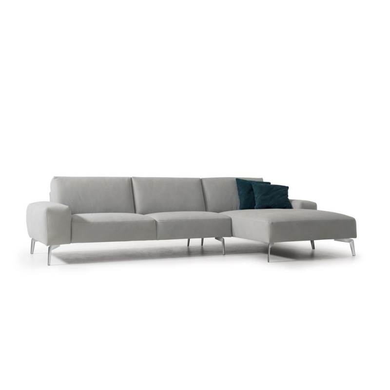 Negramaro Sectional 100% Made In Italy, Chaise On Right When Facing, Light Grey Top Grain Italian Leather 32, Metal Legs