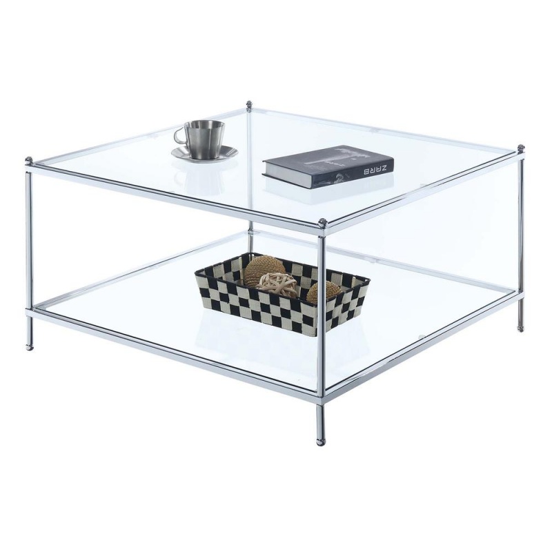 Royal Crest 2 Tier Square Glass Coffee Table, Clear Glass/Chrome Frame