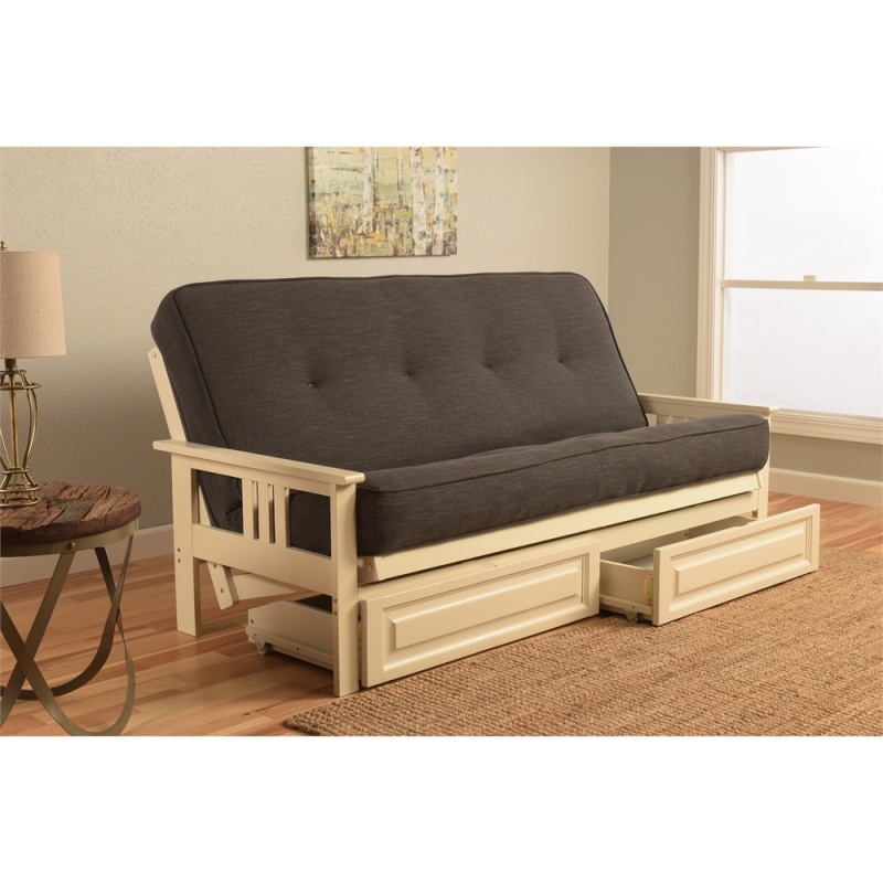 Monterey Frame/Antique White Finish/Linen Charcoal Mattress/Storage Drawers