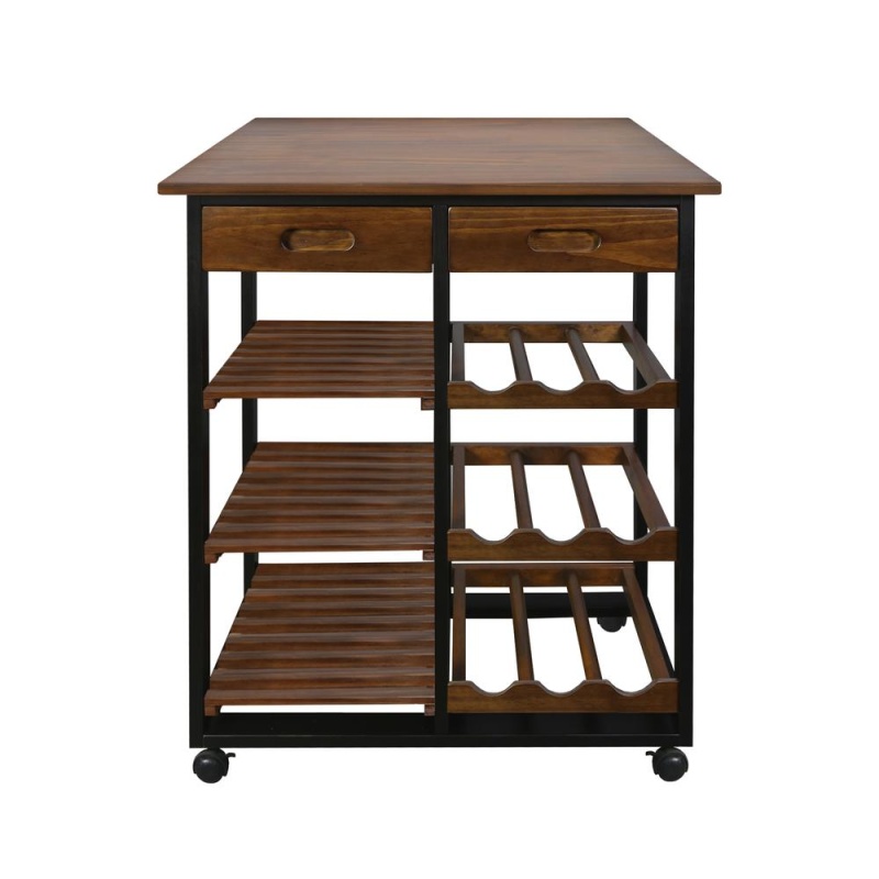 Solid Wood 28" Wide Rolling Kitchen Island Trolley With Wine Rack And Drawer