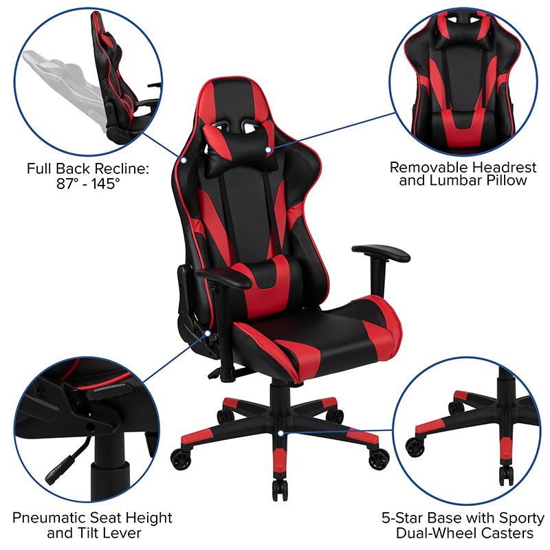 Red Gaming Desk And Red/Black Reclining Gaming Chair Set With Cup Holder And Headphone Hook