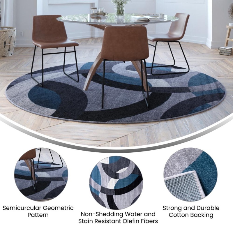 Harken Collection Geometric 8' X 8' Blue And Gray Round Olefin Area Rug With Jute Backing, Living Room, Bedroom
