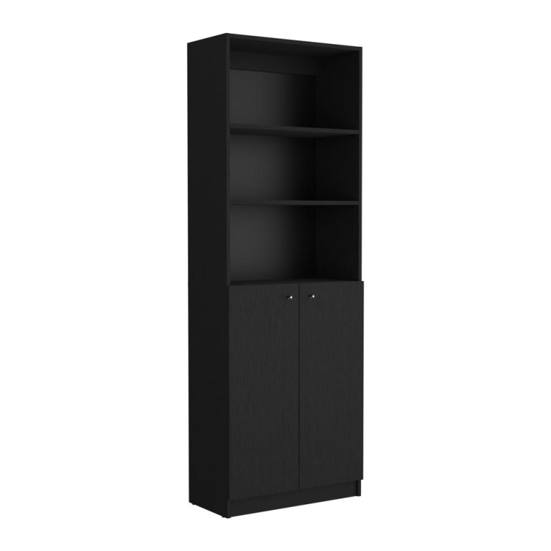 Vinton 2-Door Bookcase With Upper Shelves, Black