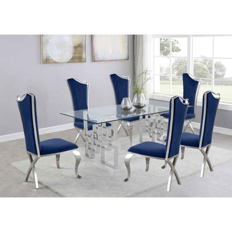 7-Piece Dining Set With Stainless Steel-Legged Dining Chairs In Navy Blue
