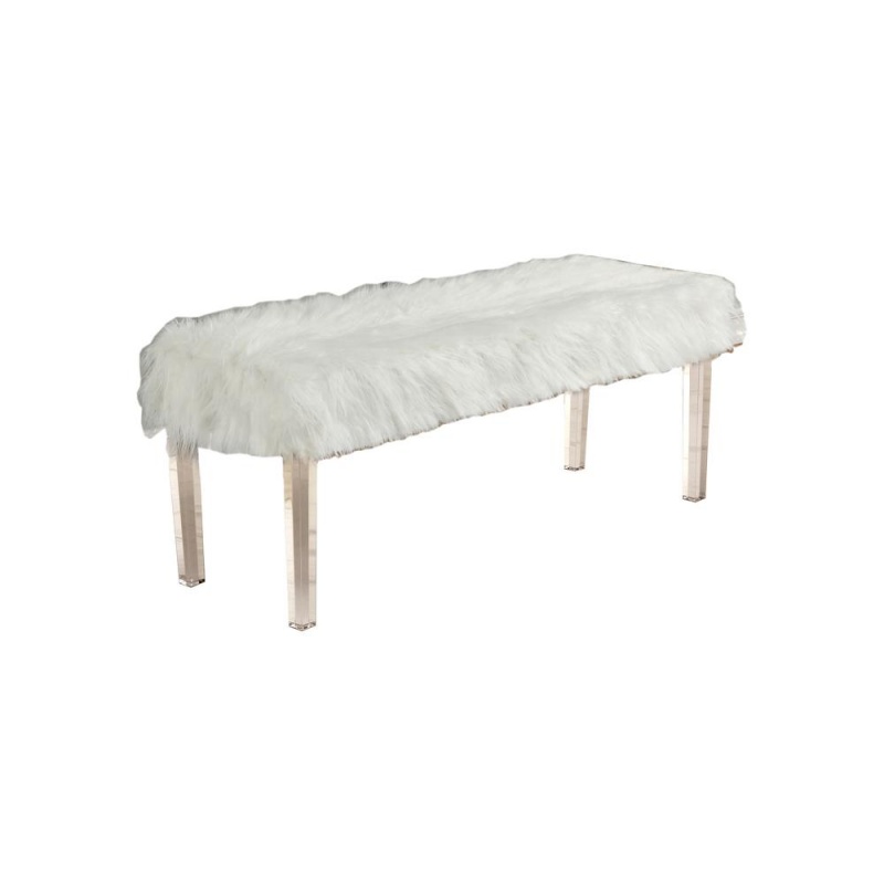 Cyrus 48" White Faux Fur With Acrylick Legs Accent Bench