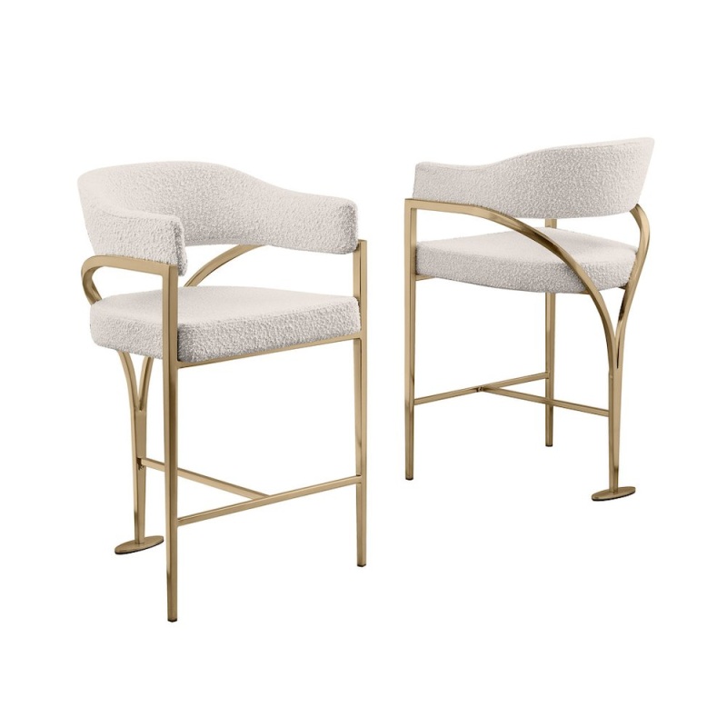 Single Cream Boucle Fabric Barstool with Matte Gold Chrome Base