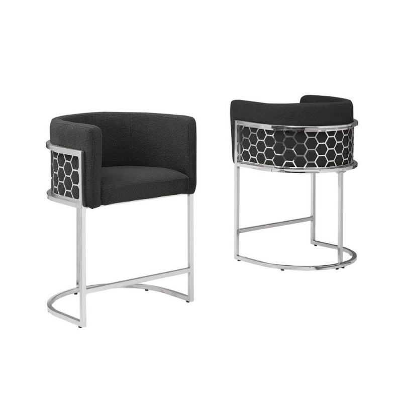 Honeycomb Back Barrel Chair In Black With Silver Base, Set Of 2