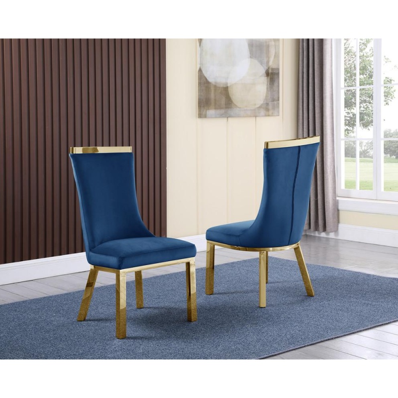Classic 9Pc Dining Set W/Uph Side Chair, Glass Table W/ Gold Spiral Base, Navy Blue