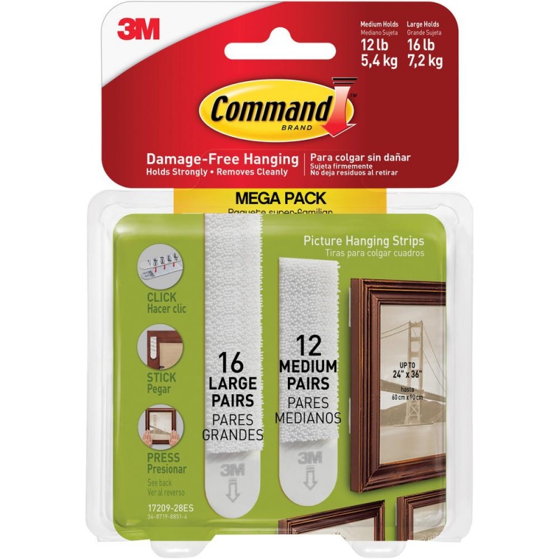 3M Command Picture Hanging Strips Mega Pack - 3 Lb (1.36 Kg), 4 Lb (1.81 Kg) Capacity - For Pictures - White - 28 / Pack