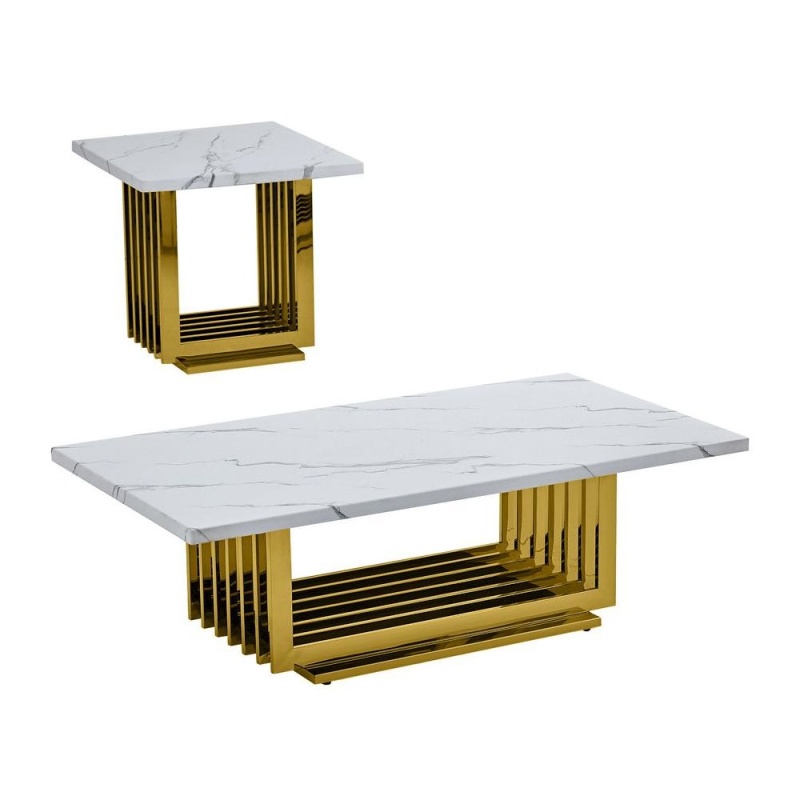 2Pc White Marble Coffee Table Set