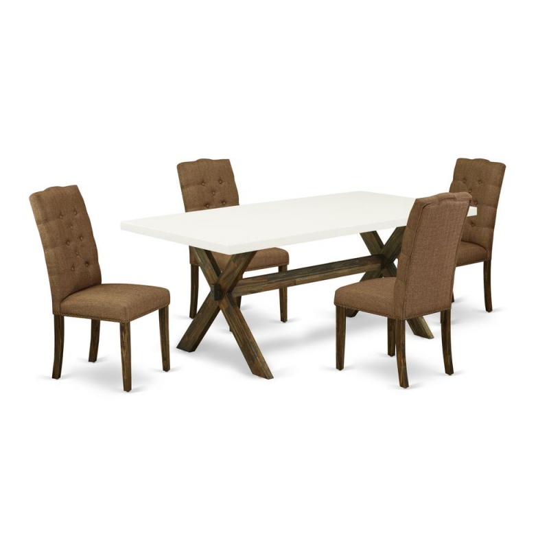 East West Furniture 5-Pc Rectangular Dining Table Set Included 4 Dining Chairs Upholstered Seat And High Button Tufted Chair Back And Rectangular Mid Century Dining Table With Linen White Dinette Tabl