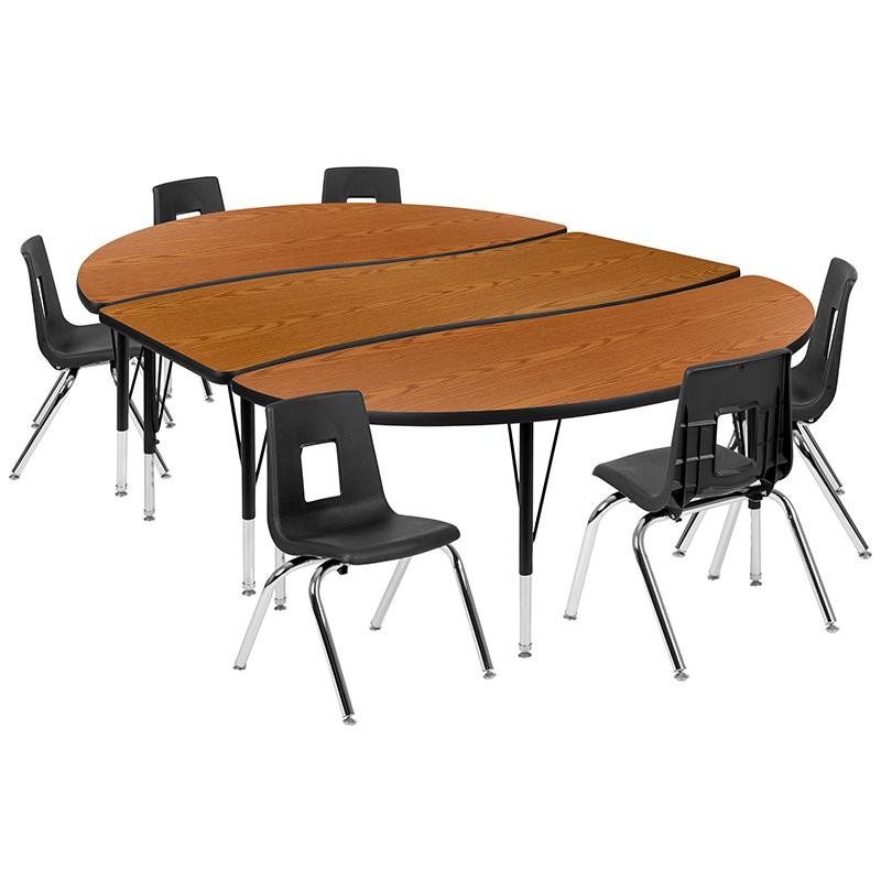 86" Oval Wave Collaborative Laminate Activity Table Set With 14" Student Stack Chairs, Oak/Black