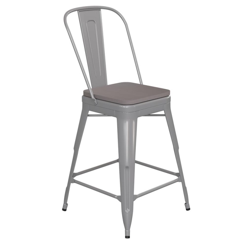 Kai Commercial Grade 24" High Silver Metal Indoor-Outdoor Counter Height Stool With Removable Back And Square Gray All-Weather Poly Resin Seat