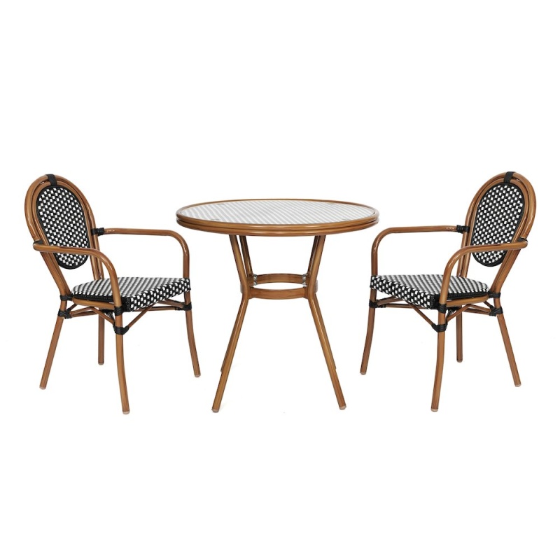 Bistro 31.5" Black and White PE Rattan Table with Glass Top and 2 Stack Chairs