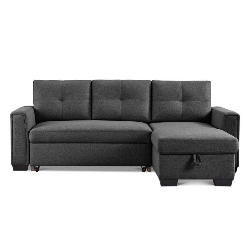 Tufted Sectional Chaise Sofa Sleeper With Storage in Dark Grey
