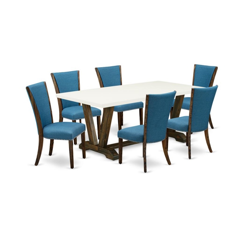 East West Furniture V727ve721-7 7Pc Dining Table Set Consists Of A Wood Table And 6 Parson Dining Chairs With Blue Color Linen Fabric, Distressed Jacobean And Linen White Finish