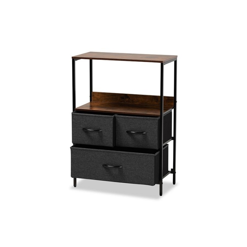 Baxton Studio Hakan Modern Industrial Grey Fabric Upholstered And Walnut Brown Finished Wood 3-Drawer Storage Cabinet