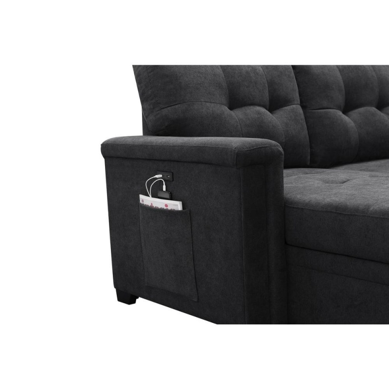 Ashlyn Dark Gray Woven Fabric Sleeper Sectional Sofa Chaise With Usb Charger And Tablet Pocket