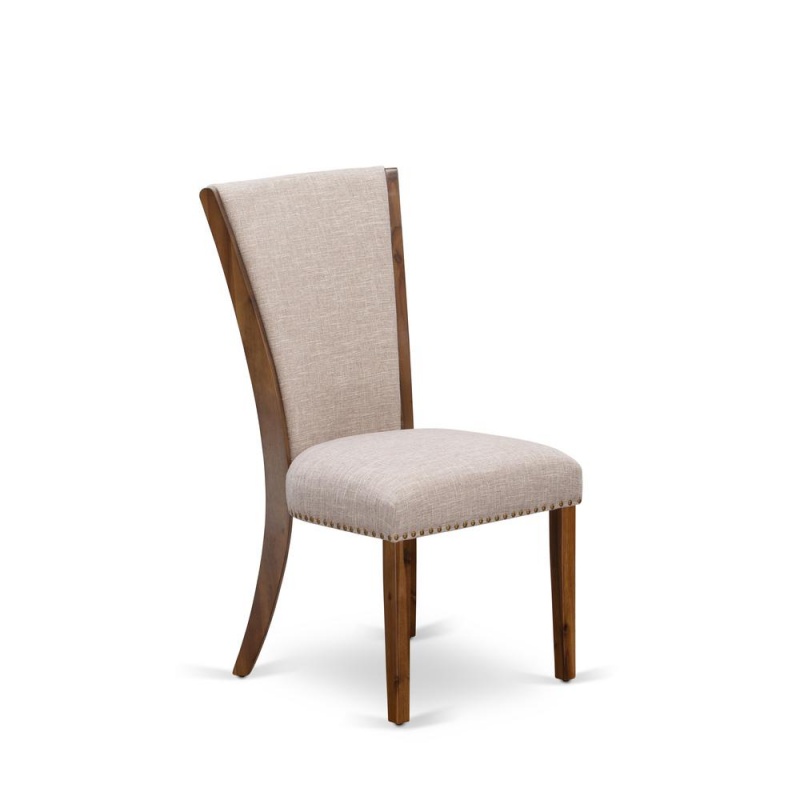 East West Furniture - Set Of 2 - Modern Chairs- Mid Century Dining Chairs Includes Antique Walnut Wooden Structure With Light Tan Linen Fabric Seat With Nail Head And Stylish Back