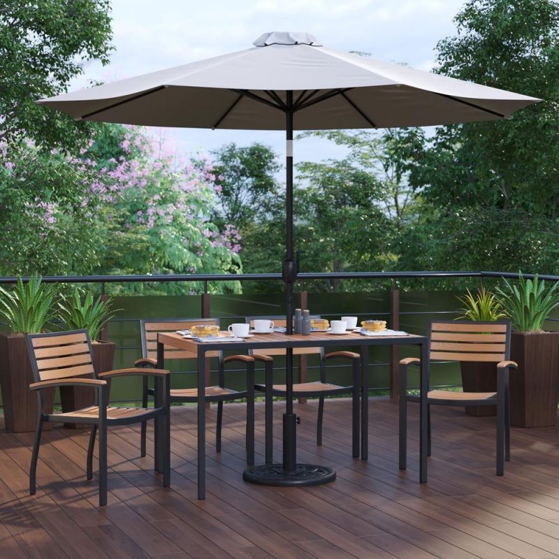 7 Piece Outdoor Patio Dining Table Set With 4 Synthetic Teak Stackable Chairs, 30" X 48" Table, Gray Umbrella & Base