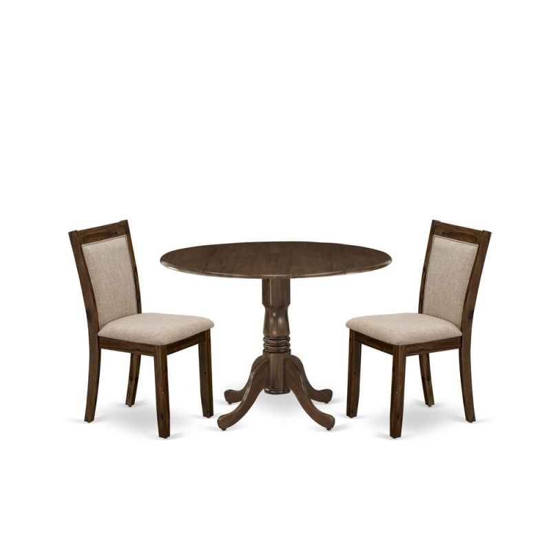 East West Furniture 3-Piece Dining Room Set Consists Of A Pedestal Table With Drop Leaves And 2 Light Tan Linen Fabric Dining Chairs - Sand Blasting Antique Walnut Finish