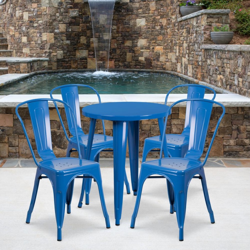 24'' Round Blue Metal Indoor-Outdoor Table Set With 4 Cafe Chairs