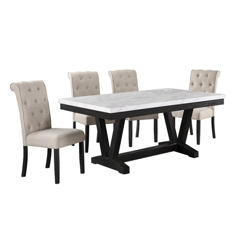5Pc Dining Set, Faux Marble Wrap Table Set With Beige Linen Dining Chairs