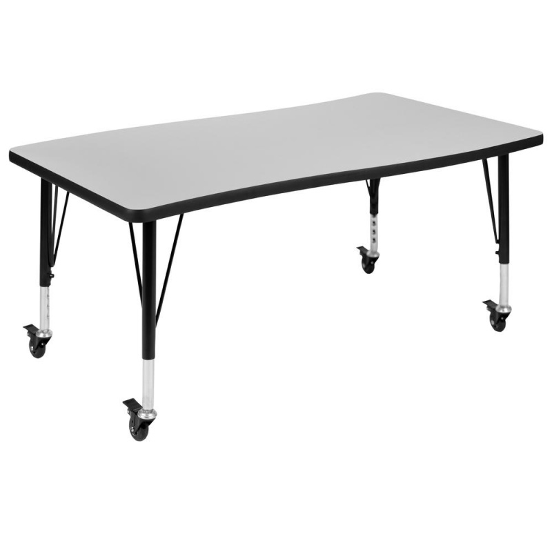 Mobile 28"W X 47.5"L Rectangular Wave Collaborative Grey Thermal Laminate Activity Table - Height Adjustable Short Legs