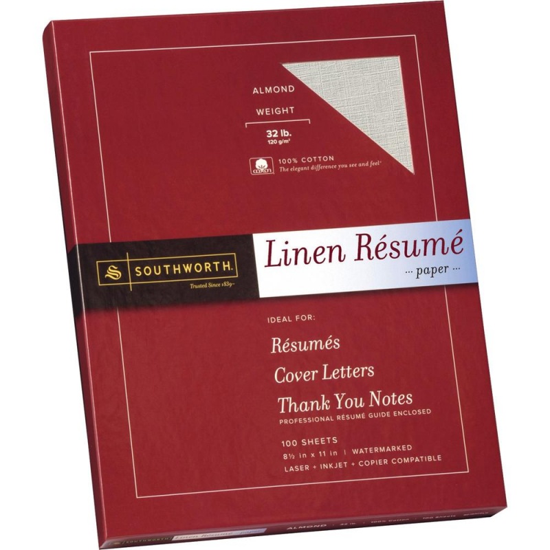 Southworth 100% Cotton Resume Paper - Letter - 8 1/2" X 11" - 32 Lb Basis Weight - Linen - 100 / Box - Acid-Free, Watermarked - Almond