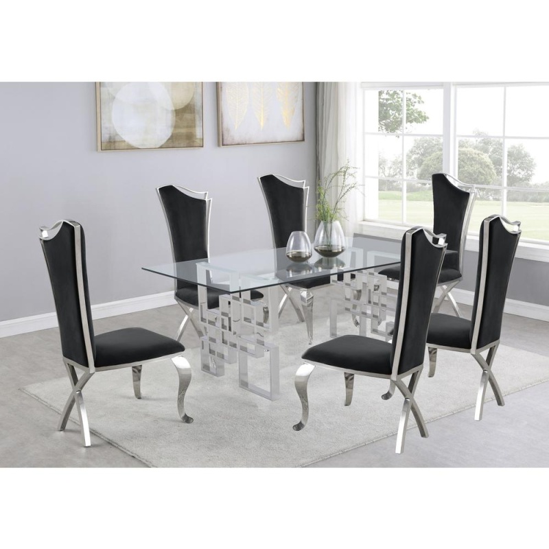 7-Piece Dining Set With Stainless Steel-Legged Dining Chairs In Black