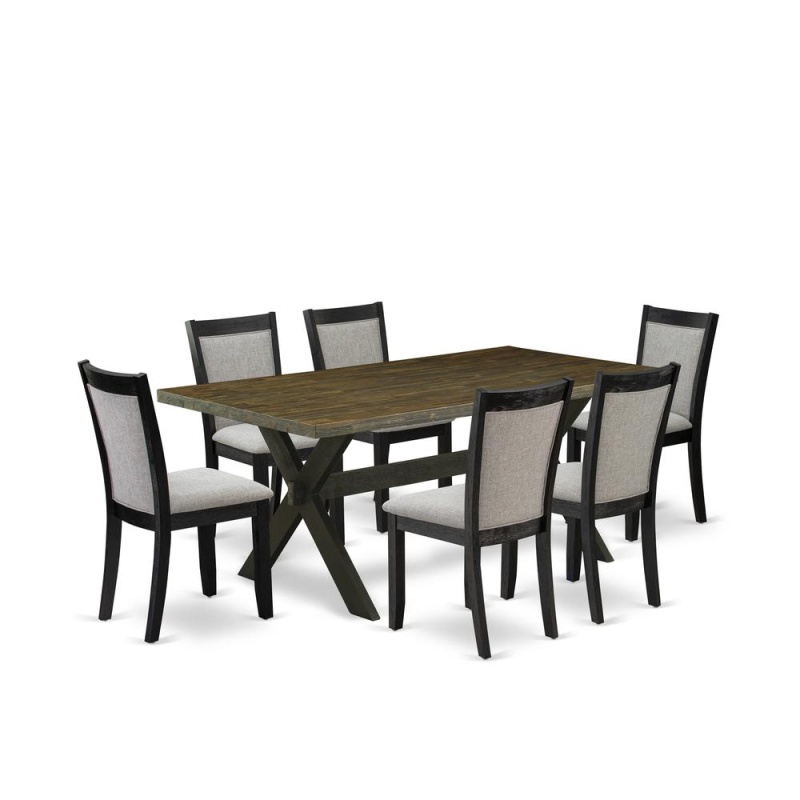 East West Furniture 7 Piece Dining Set - Distressed Jacobean Top Dinning Table With Trestle Base And 6 Shitake Linen Fabric Mid Century Dining Chairs - Wire Brushed Black Finish