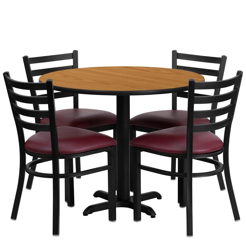 36'' Natural Table Set With X-Base And 4 Metal Chairs - Burgundy Vinyl Seat