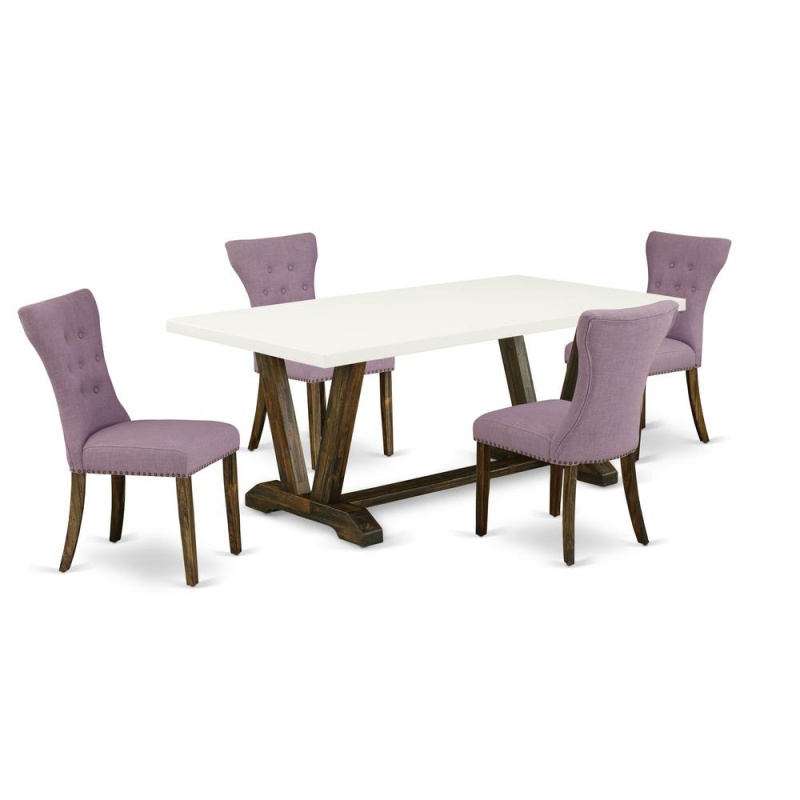 East West Furniture V727ga740-5 5-Pc Kitchen Dining Room Set- 4 Parson Chairs With Dahlia Linen Fabric Seat And Button Tufted Chair Back - Rectangular Table Top & Wooden Legs - Linen White And Distres