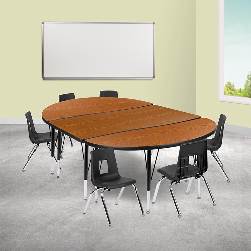 76" Oval Wave Collaborative Laminate Activity Table Set With 12" Student Stack Chairs, Oak/Black