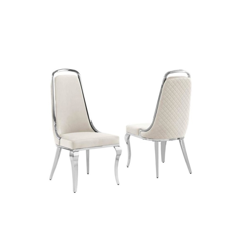 Cream Velvet High Back Chair With Silver Chrome Trim, Set Of 2
