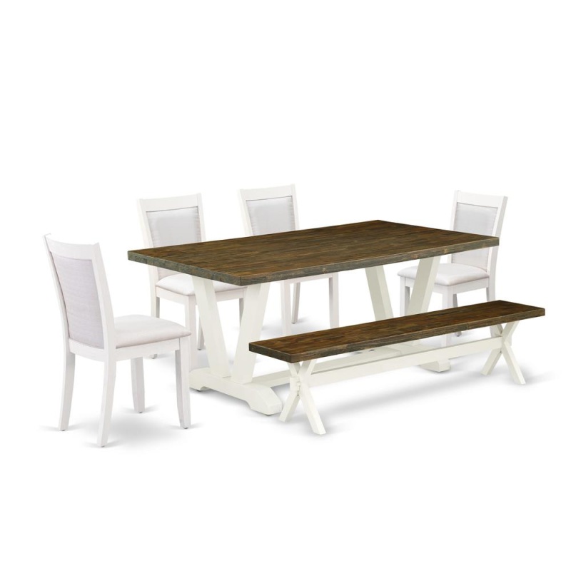 East West Furniture 6-Pc Dinner Table Set Contains A Wood Table - 4 Cream Linen Fabric Dining Chairs With Stylish Back And A Wood Bench - Wire Brushed Linen White Finish
