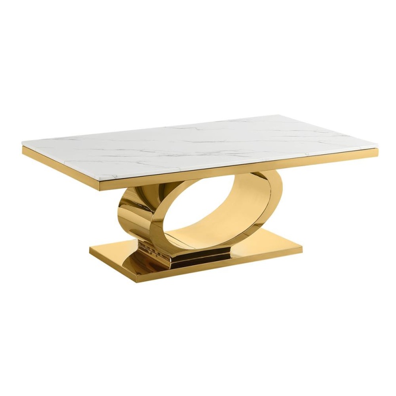 White Marble Top Coffee Table With Gold Color Base